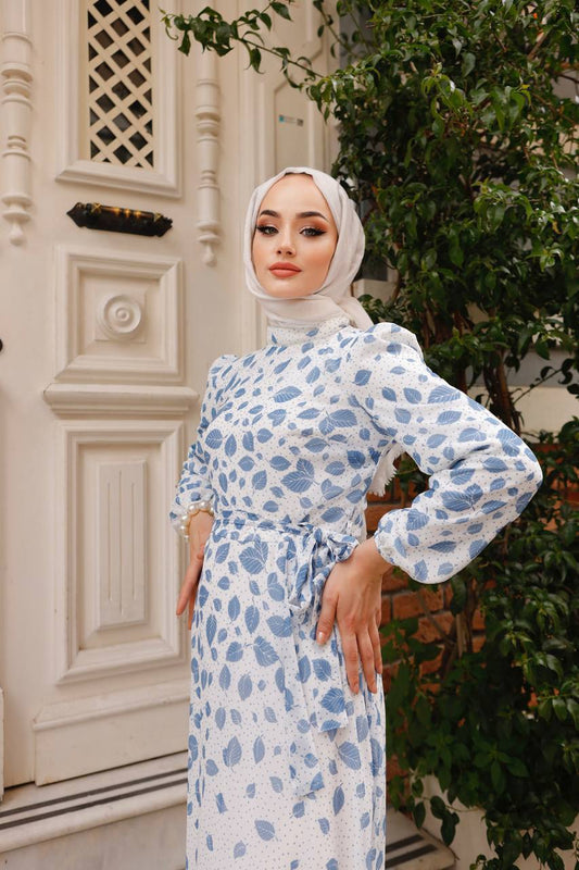 White Chiffon Leave Print Maxi Dress