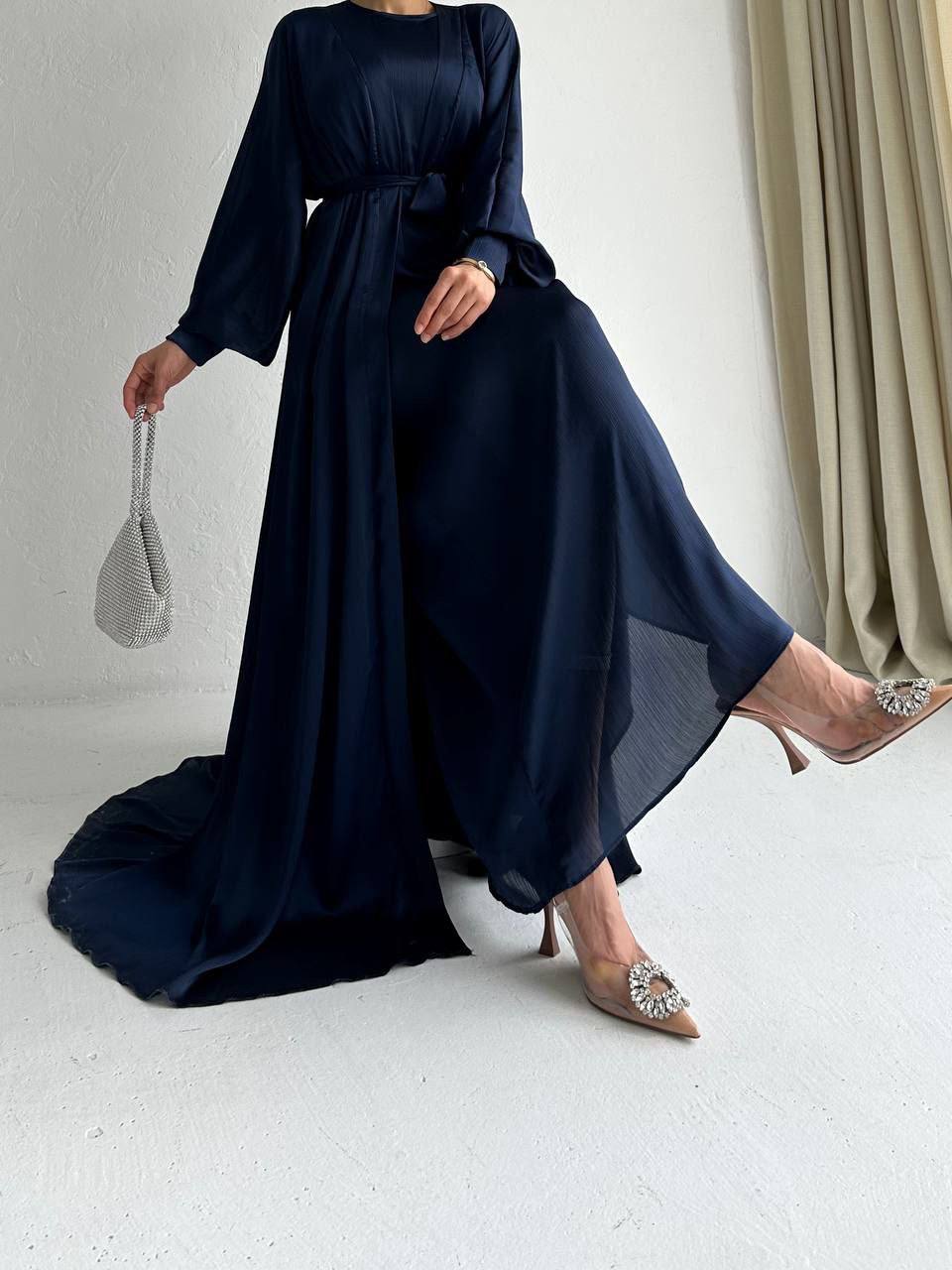 Blue Open Kimono Abaya Set