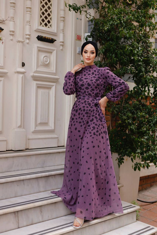 Purple Chiffon Leave Print Maxi Dress