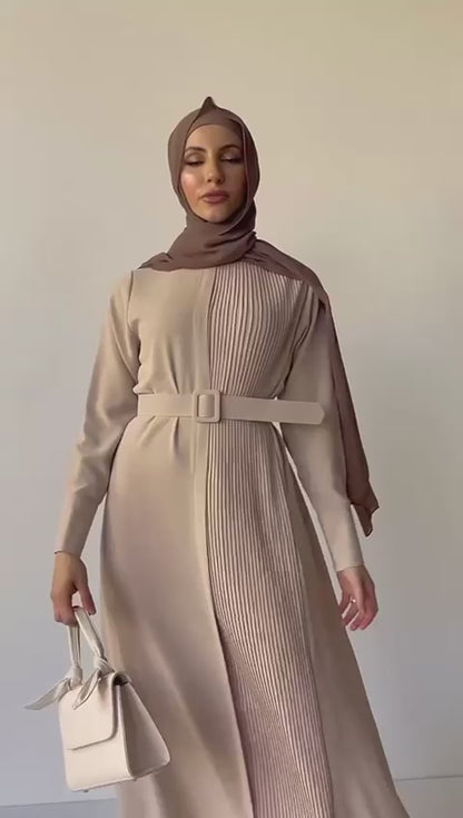 Beige Half Pleated Dress