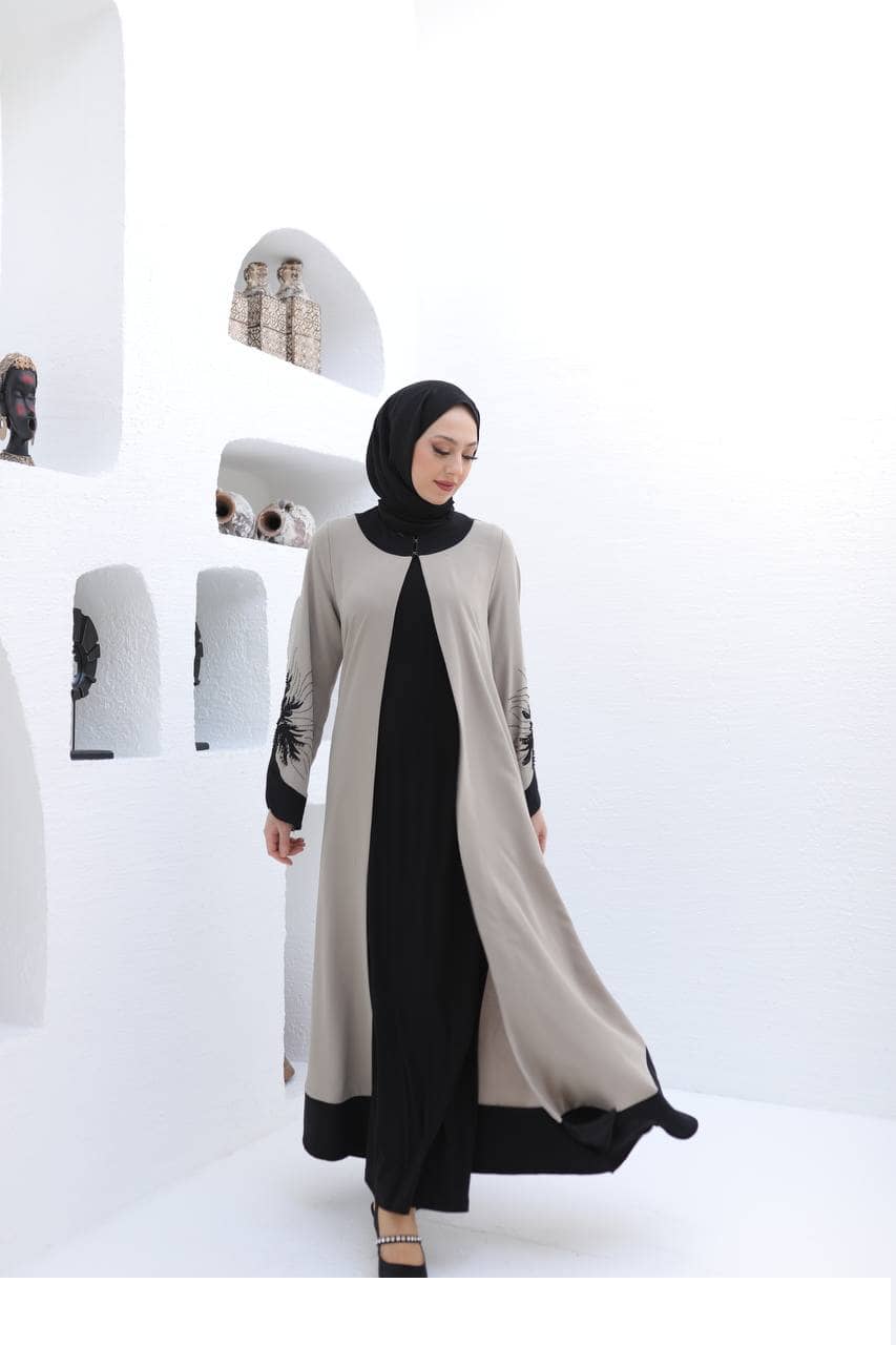 2-Piece-Beige-And-Black-Abaya-Set-1-rosama-fashion