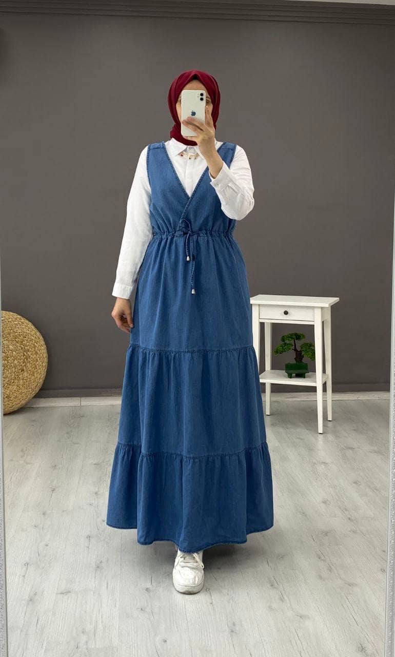 Shop Modest Denim Dress Set with White Shirt Perfect for Any Occasion Rosama Fashion